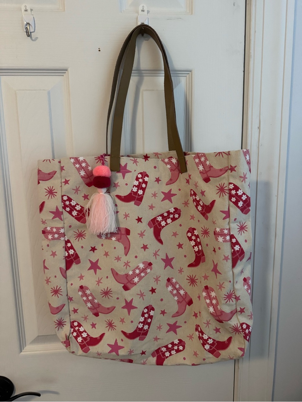 Pink  Cowboy Boot Print Canvas Tote Bag